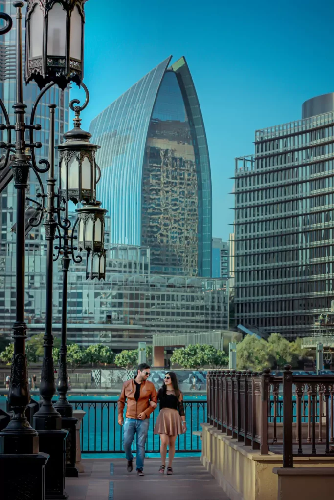 Cinematic couple portrait with Burj Khalifa view