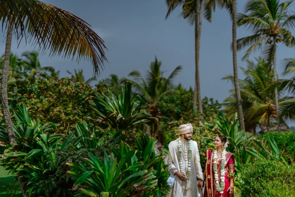 Romantic couple portrait near the beach at Taj Green Cove Resort