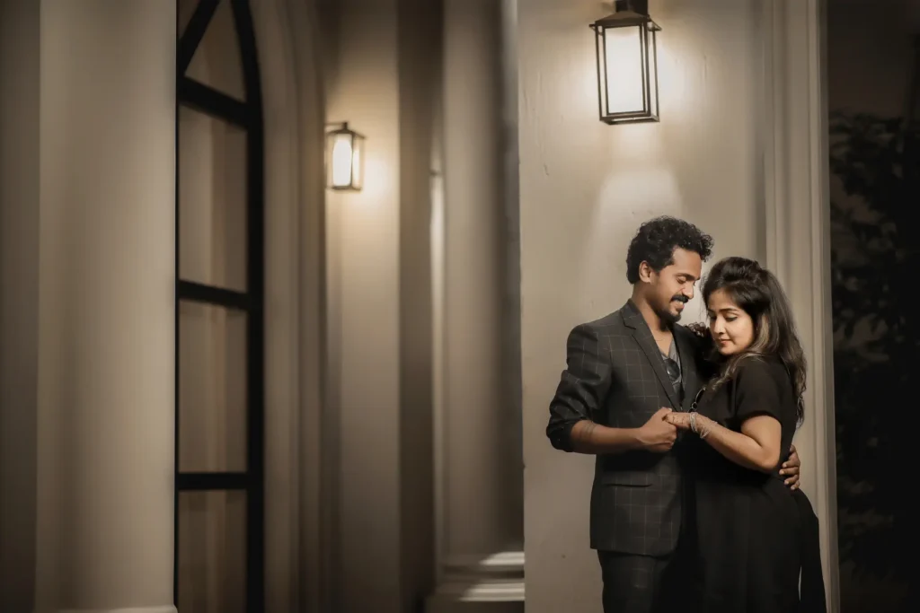 Elegant couple pose in hotel lobby