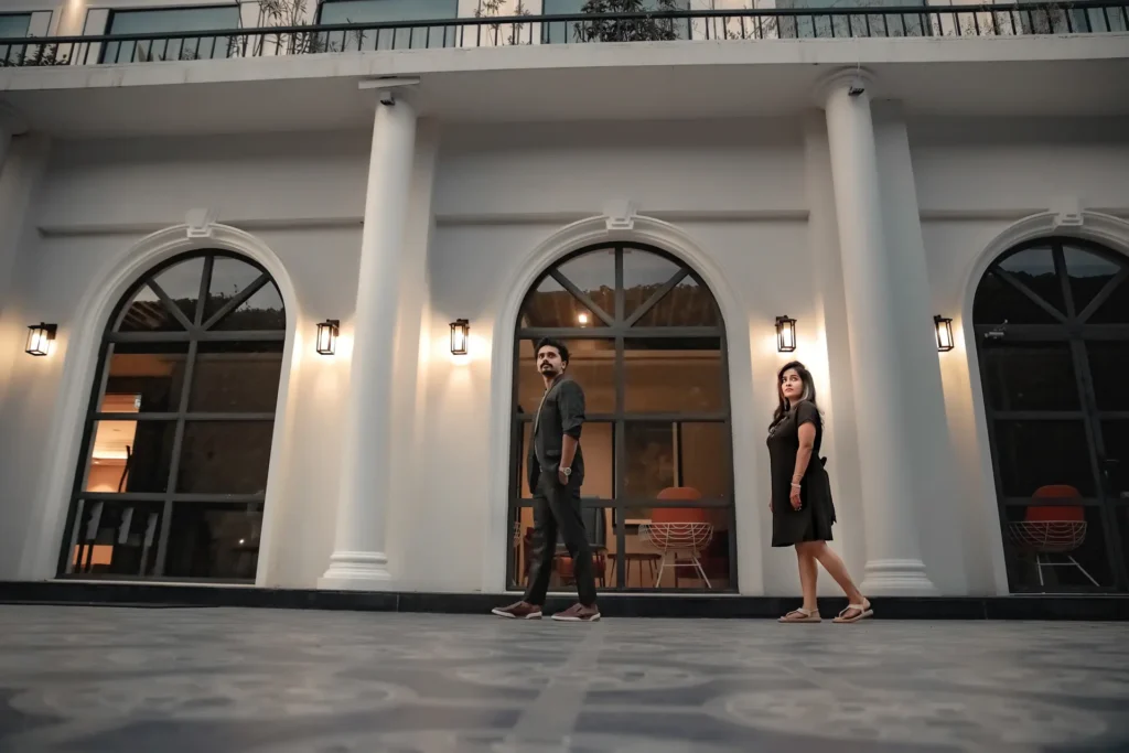 Bride and groom with stunning architecture