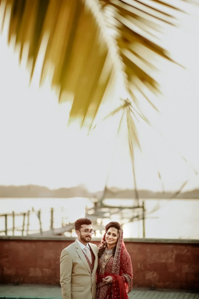 Elegant couple attire at a Muslim engagement ceremony in Kochi