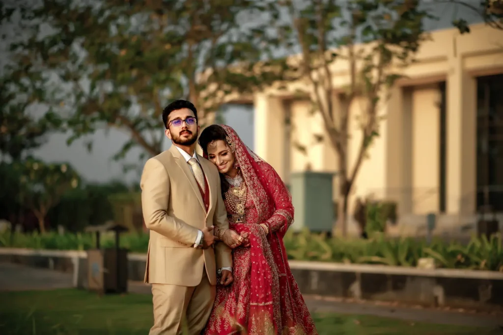 Romantic couple portrait against the backdrop of Grand Hyatt Kochi