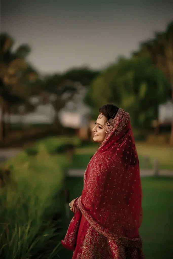 Solo portrait of bride during Muslim engagement ceremony