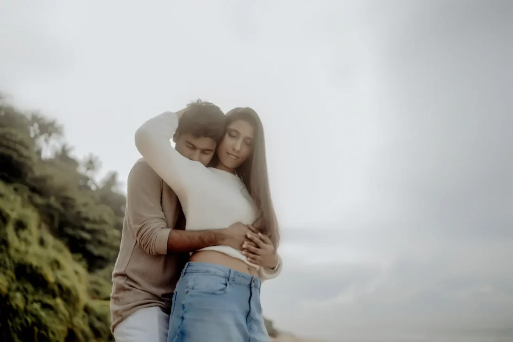 Intimate moment during pre-wedding shoot at Varkala Beach